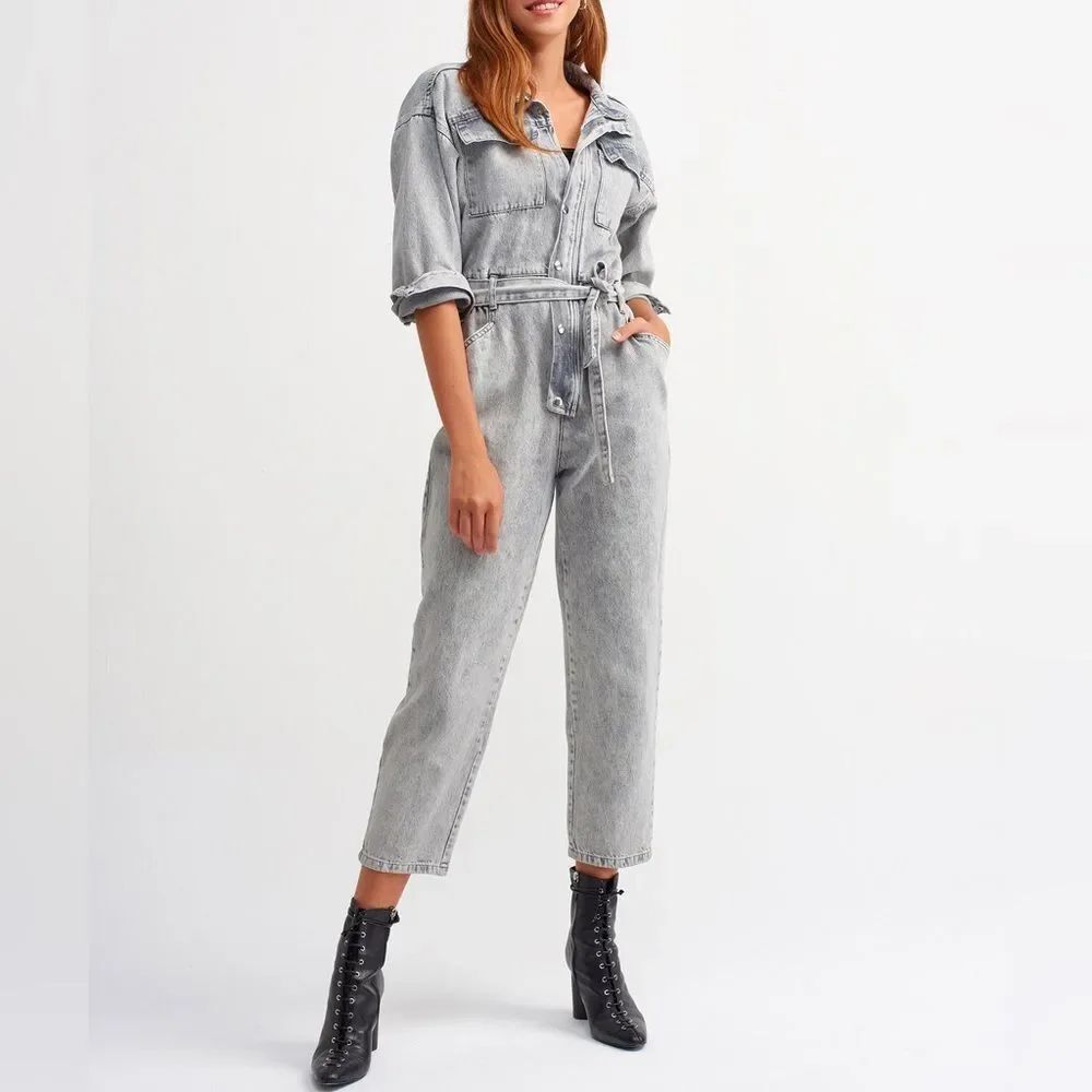 Dilvin Black Distressed Light Gray Denim Jumpsuit with Tie Belt